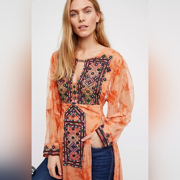 Free People Market Place Beaded Orange Sorbet Waist Tie Maxi Top XS Coral - Picture 2 of 16